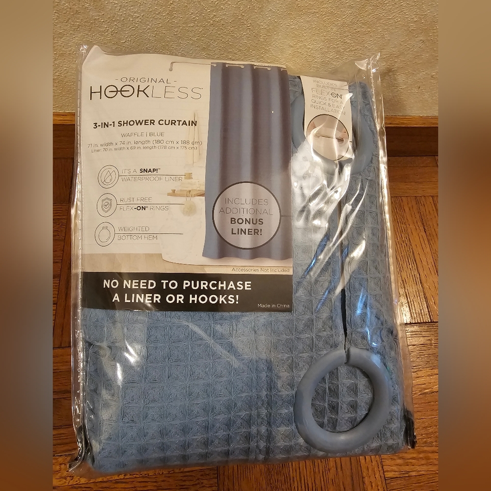 Original Hookless 3-in-1 Waffle Fabric Shower Curtain Set Blue with Bonus Liner